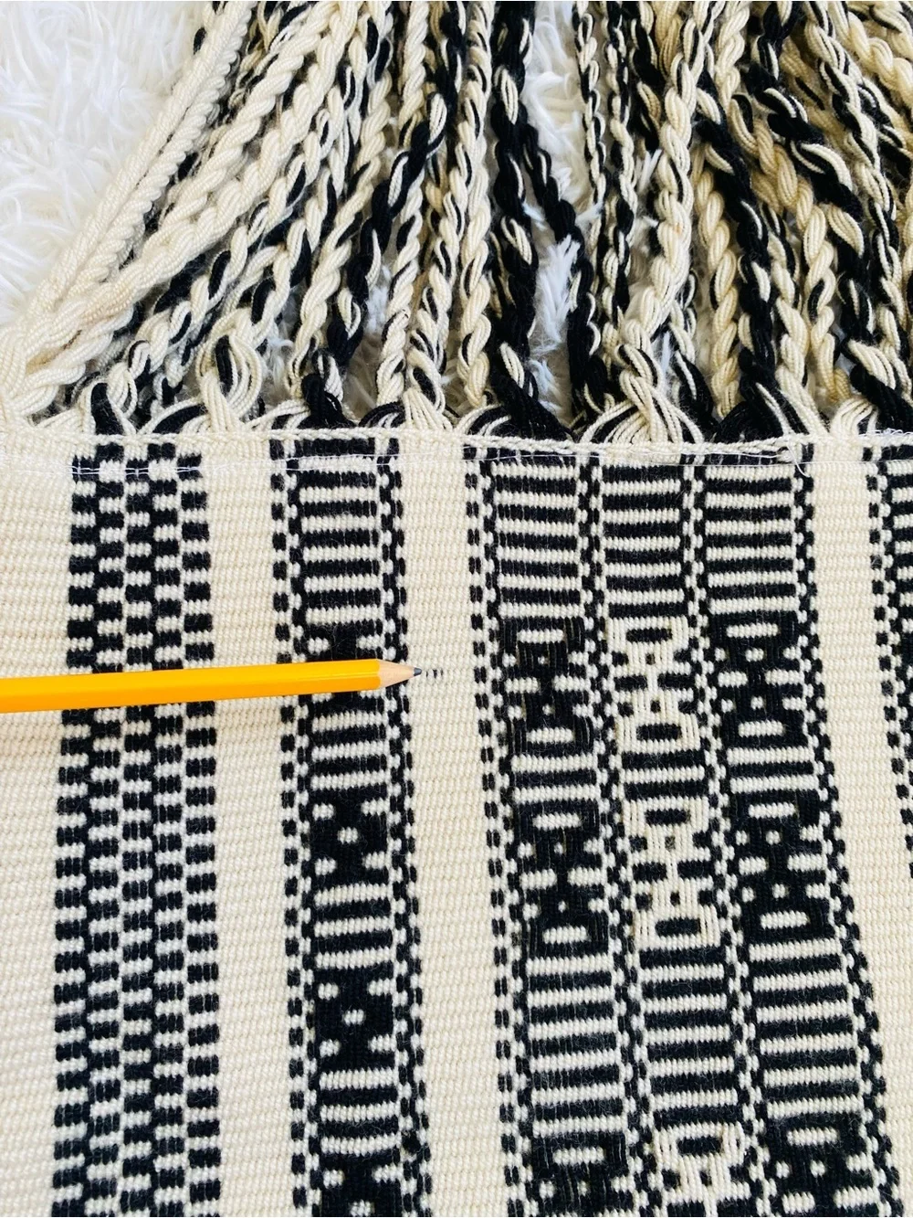 Handwoven Black & Ivory Boho Tote Bag Braided Handles Large Zip Tote